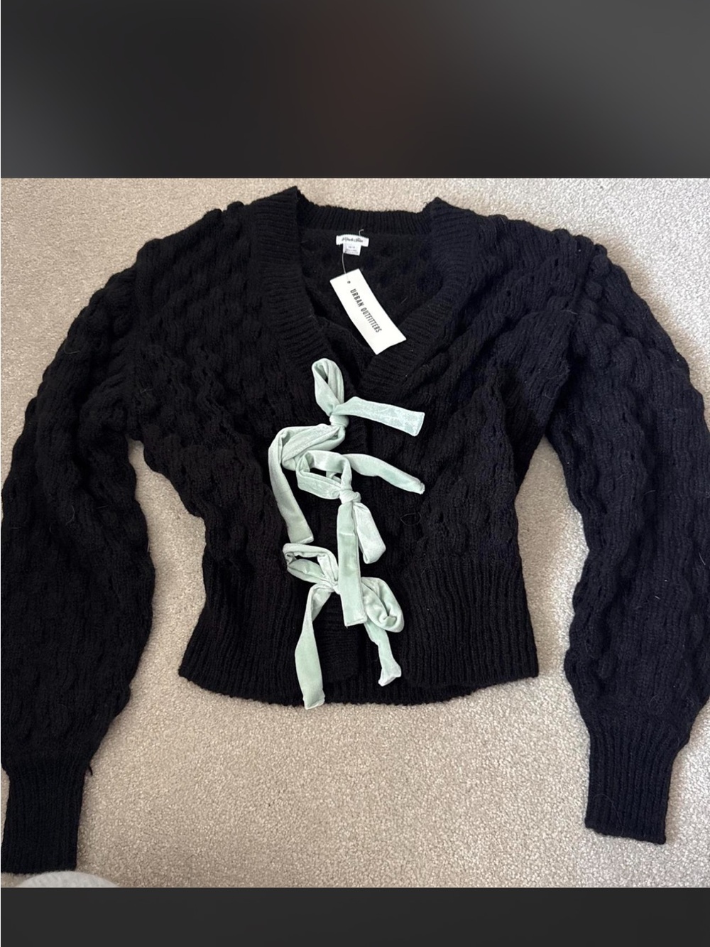 Kimchi Blue Black Cardigan Sweater with Mint velvetRibbon Ties